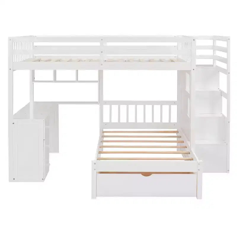 Letto a castello matrimoniale superiore con letto singolo inferiore, scrivania integrata, mensole, cassetti multipli e scala con vani portaoggetti