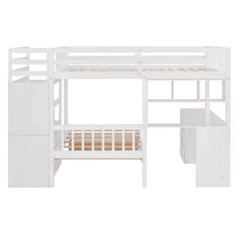 Letto a castello matrimoniale superiore con letto singolo inferiore, scrivania integrata, mensole, cassetti multipli e scala con vani portaoggetti