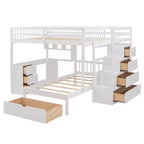 Letto a castello matrimoniale superiore con letto singolo inferiore, scrivania integrata, mensole, cassetti multipli e scala con vani portaoggetti