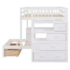 Letto a castello matrimoniale superiore con letto singolo inferiore, scrivania integrata, mensole, cassetti multipli e scala con vani portaoggetti