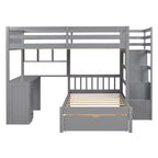 Letto a castello matrimoniale superiore con letto singolo inferiore, scrivania integrata, mensole, cassetti multipli e scala con vani portaoggetti