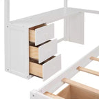 Letto a castello matrimoniale superiore con letto singolo inferiore, scrivania integrata, mensole, cassetti multipli e scala con vani portaoggetti