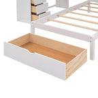 Letto a castello matrimoniale superiore con letto singolo inferiore, scrivania integrata, mensole, cassetti multipli e scala con vani portaoggetti
