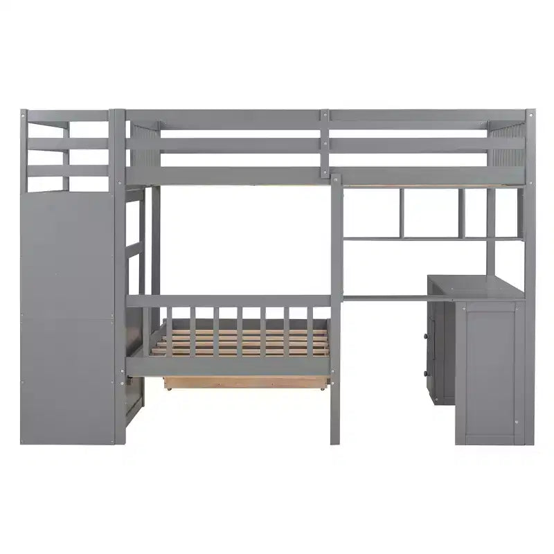 Letto a castello matrimoniale superiore con letto singolo inferiore, scrivania integrata, mensole, cassetti multipli e scala con vani portaoggetti
