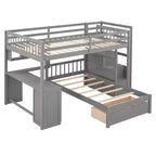 Letto a castello matrimoniale superiore con letto singolo inferiore, scrivania integrata, mensole, cassetti multipli e scala con vani portaoggetti