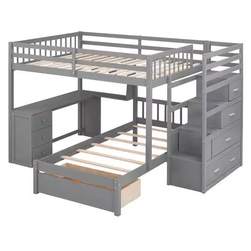 Letto a castello matrimoniale superiore con letto singolo inferiore, scrivania integrata, mensole, cassetti multipli e scala con vani portaoggetti