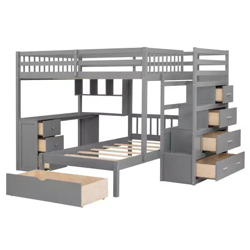 Letto a castello matrimoniale superiore con letto singolo inferiore, scrivania integrata, mensole, cassetti multipli e scala con vani portaoggetti