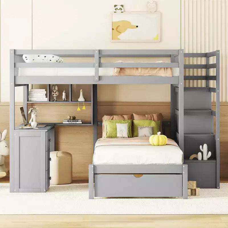 Whisen Full Over Twin Bunk Bed with Built-in Desk, Shelves, Multiple Drawers and Storage Staircase