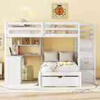 Letto a castello matrimoniale superiore con letto singolo inferiore, scrivania integrata, mensole, cassetti multipli e scala con vani portaoggetti