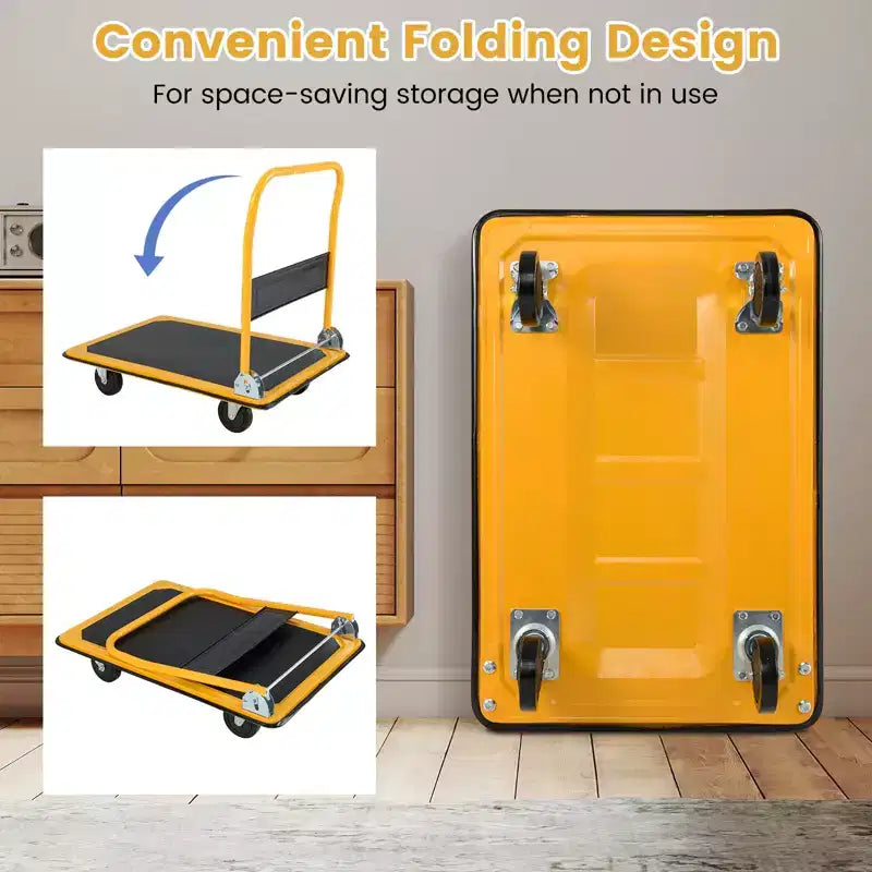 Carrello a piattaforma pieghevole da 660 libbre, carrello di spinta per magazzino, blu/giallo