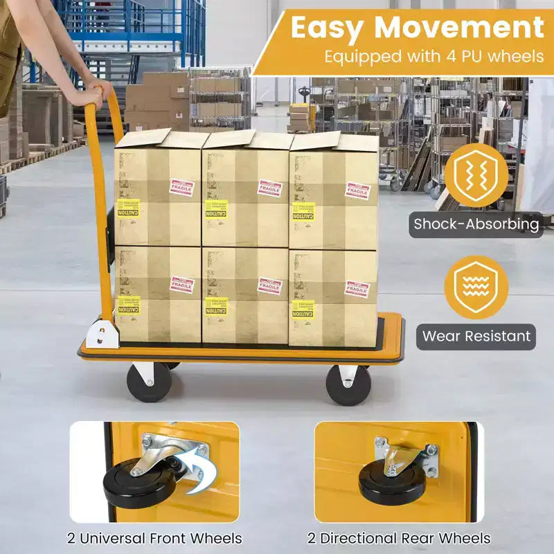 Carrello a piattaforma pieghevole da 660 libbre, carrello di spinta per magazzino, blu/giallo