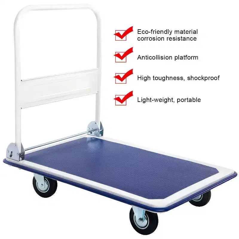 Carrello a piattaforma pieghevole da 660 libbre, carrello di spinta per magazzino, blu/giallo