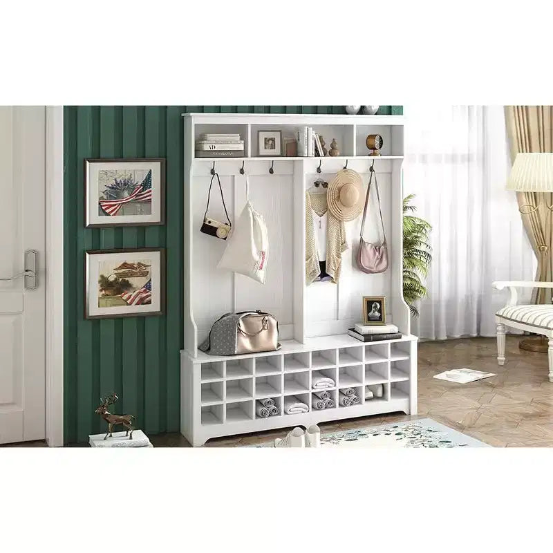Appendiabiti da ingresso da 152 cm con 24 scomparti per scarpe e panca, per l'organizzazione della casa