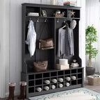 Space-Saving Hall Tree, 60-Inch Coat Rack with Metal Hooks & 24 Shoe Storage Cubbies, Entryway Bench for Home Organization