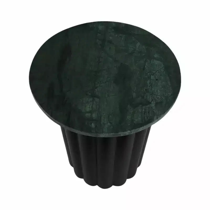 Tavolino moderno rotondo con ripiano in marmo e base in metallo a coste, 50,8 cm H, nero e verde