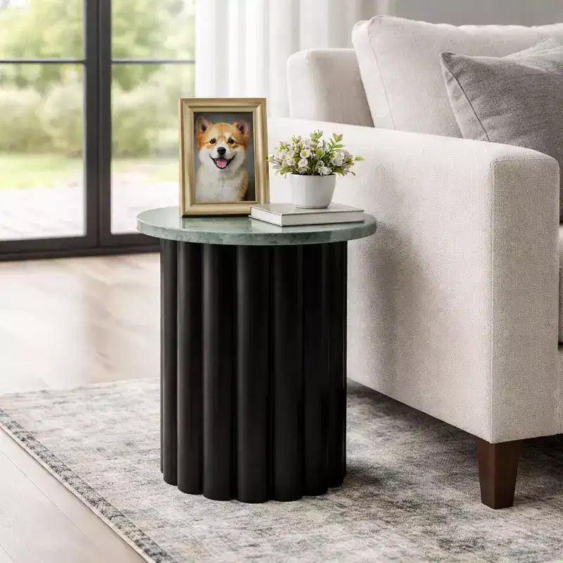 Tavolino moderno rotondo con ripiano in marmo e base in metallo a coste, 50,8 cm H, nero e verde