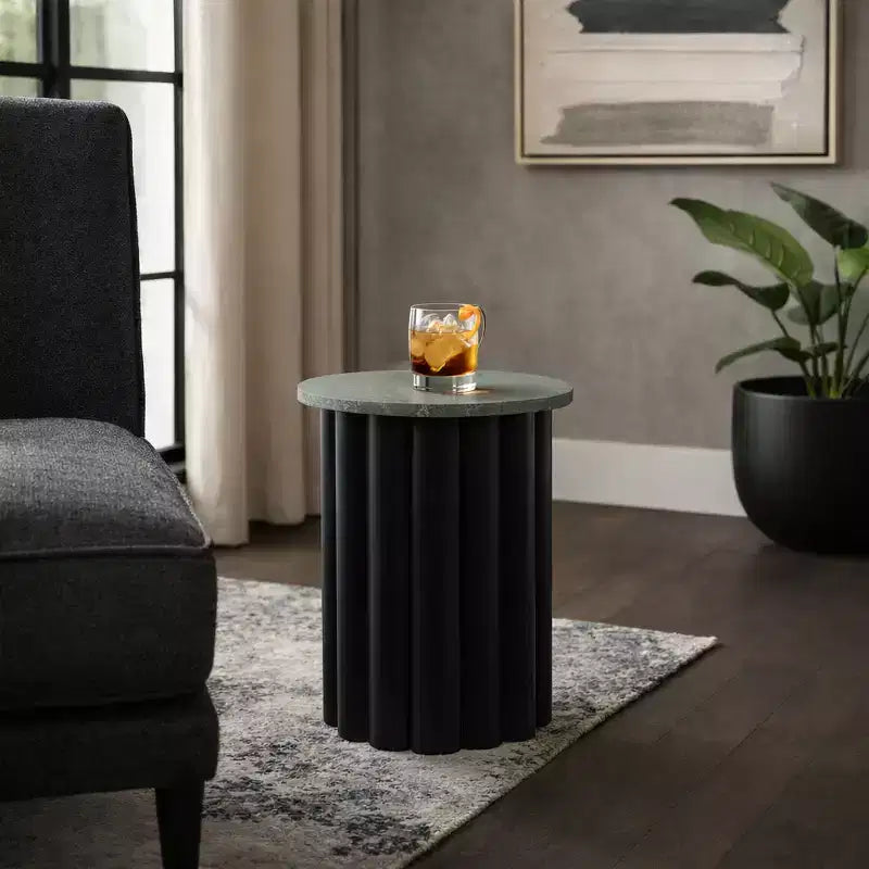 Tavolino moderno rotondo con ripiano in marmo e base in metallo a coste, 50,8 cm H, nero e verde