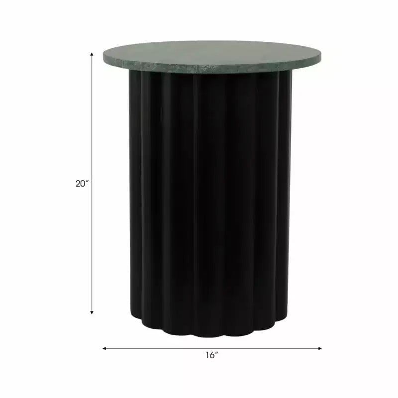 Tavolino moderno rotondo con ripiano in marmo e base in metallo a coste, 50,8 cm H, nero e verde