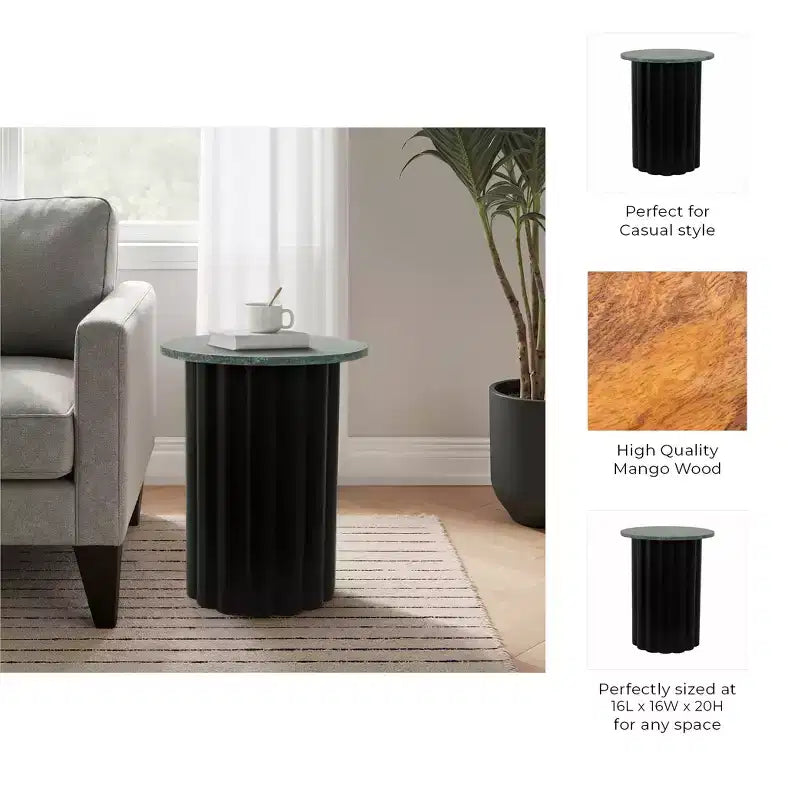 Tavolino moderno rotondo con ripiano in marmo e base in metallo a coste, 50,8 cm H, nero e verde