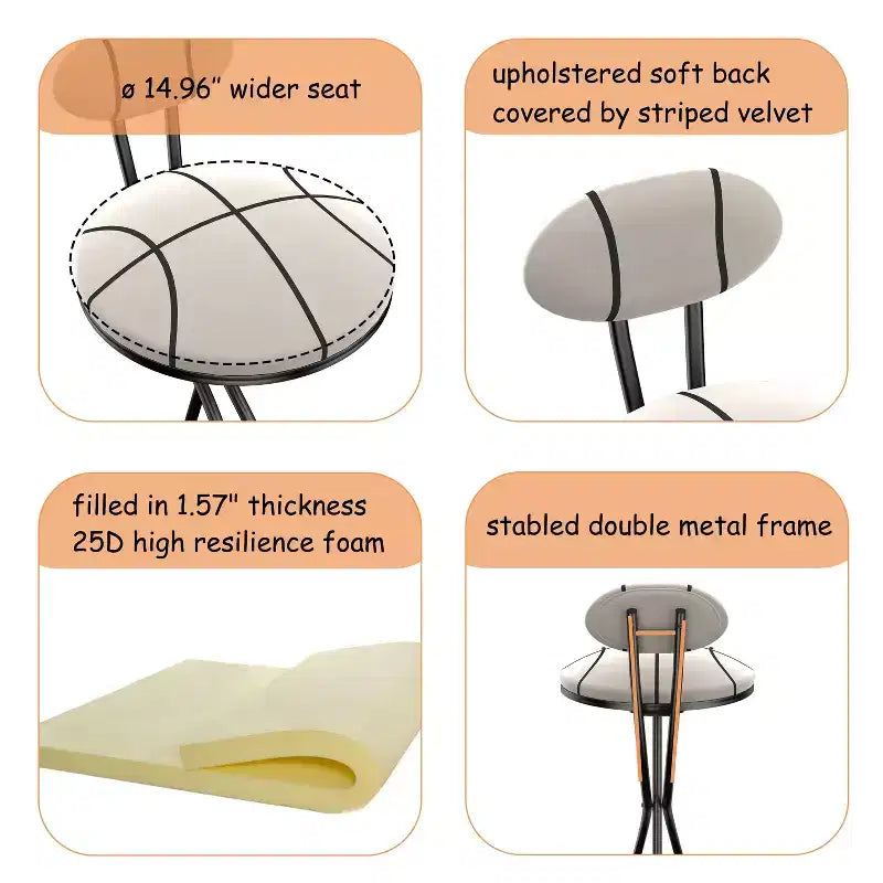 Set di 2 sgabelli da bar imbottiti a righe, moderni, in velluto, altezza bancone, colore nero, per isola cucina, sala da pranzo