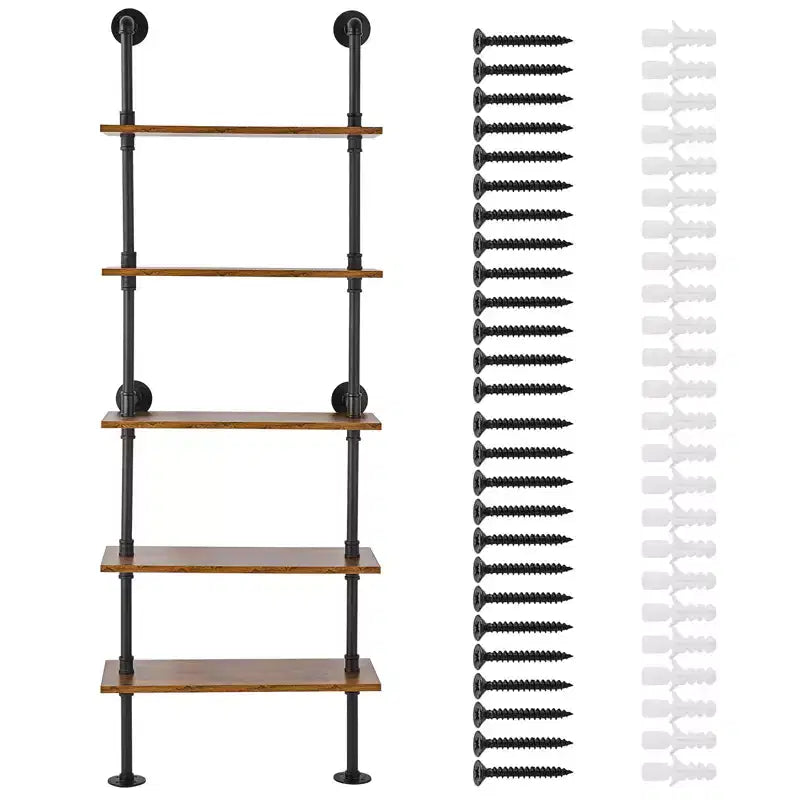 VEVOR Industrial Pipe Shelf, 5 Tier 24x9.84in, Wall-Mount Floating Rustic Wood Shelves Bracket Display Bookshelf,Storage Rack Sundries Holder, Black
