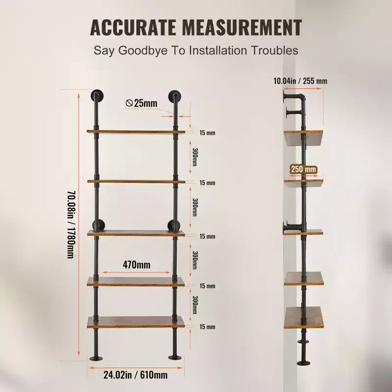 Scaffale industriale a tubi, 5 ripiani 24x9,84 pollici, mensole galleggianti a parete in legno rustico, portaoggetti, nero
