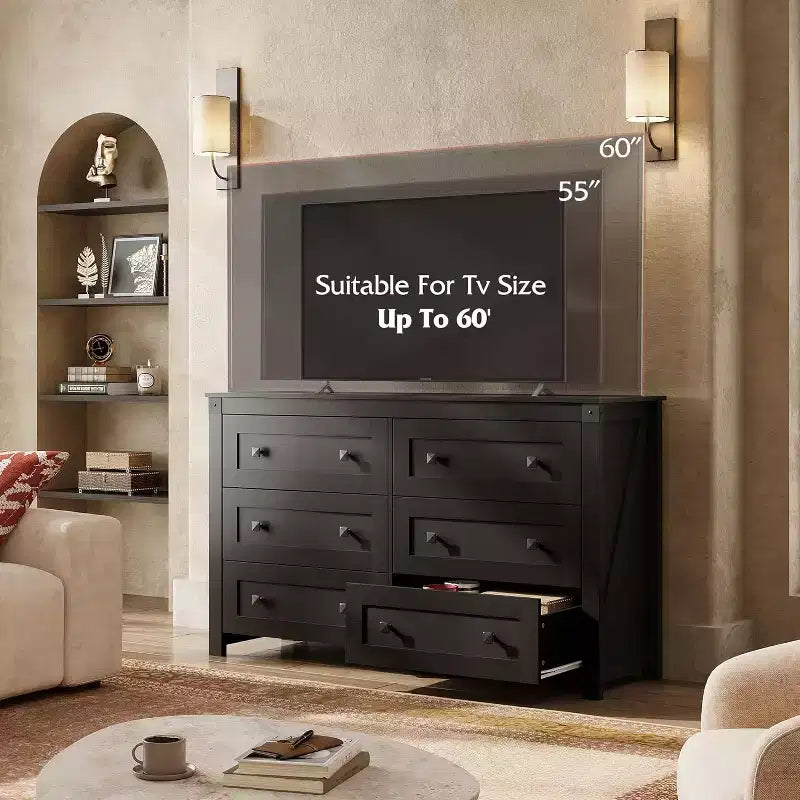 Cassettiera in legno a 6 cassetti in stile rustico, Porta TV per televisori fino a 60 pollici, Organizer per vestiti per camera da letto e soggiorno, Nero