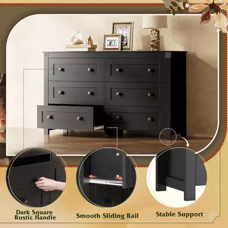 Cassettiera in legno a 6 cassetti in stile rustico, Porta TV per televisori fino a 60 pollici, Organizer per vestiti per camera da letto e soggiorno, Nero