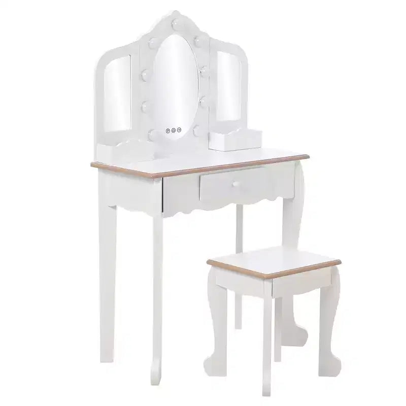 Toeletta per Bambini con Specchio Illuminato, Tavolo e Sgabello da Trucco per Bambine, Specchio Triplo, Cassetto e Griglia Portaoggetti per Bambine dai 3 ai 9 Anni