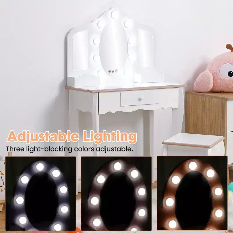Toeletta per Bambini con Specchio Illuminato, Tavolo e Sgabello da Trucco per Bambine, Specchio Triplo, Cassetto e Griglia Portaoggetti per Bambine dai 3 ai 9 Anni