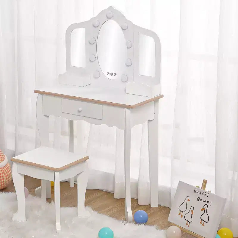 Toeletta per Bambini con Specchio Illuminato, Tavolo e Sgabello da Trucco per Bambine, Specchio Triplo, Cassetto e Griglia Portaoggetti per Bambine dai 3 ai 9 Anni