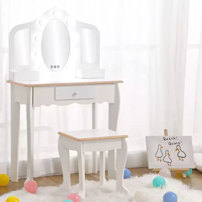 Toeletta per Bambini con Specchio Illuminato, Tavolo e Sgabello da Trucco per Bambine, Specchio Triplo, Cassetto e Griglia Portaoggetti per Bambine dai 3 ai 9 Anni