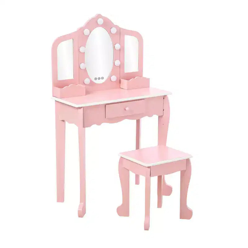 Toeletta per Bambini con Specchio Illuminato, Tavolo e Sgabello da Trucco per Bambine, Specchio Triplo, Cassetto e Griglia Portaoggetti per Bambine dai 3 ai 9 Anni