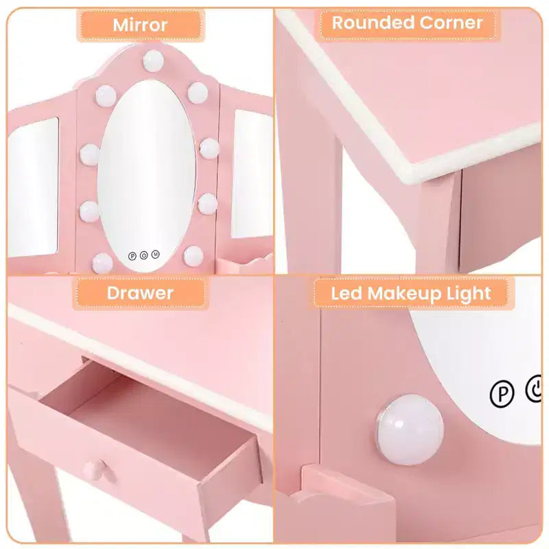 Toeletta per Bambini con Specchio Illuminato, Tavolo e Sgabello da Trucco per Bambine, Specchio Triplo, Cassetto e Griglia Portaoggetti per Bambine dai 3 ai 9 Anni