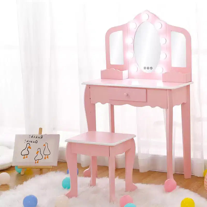 Toeletta per Bambini con Specchio Illuminato, Tavolo e Sgabello da Trucco per Bambine, Specchio Triplo, Cassetto e Griglia Portaoggetti per Bambine dai 3 ai 9 Anni