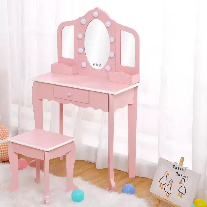 Toeletta per Bambini con Specchio Illuminato, Tavolo e Sgabello da Trucco per Bambine, Specchio Triplo, Cassetto e Griglia Portaoggetti per Bambine dai 3 ai 9 Anni