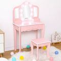 Kids Vanity with Lighted Mirror, Little Girls Vanity Table & Stool, Kids Makeup with Tri-Fold Mirror, Drawer & Storage Grid for 3-9 Yrs Girls