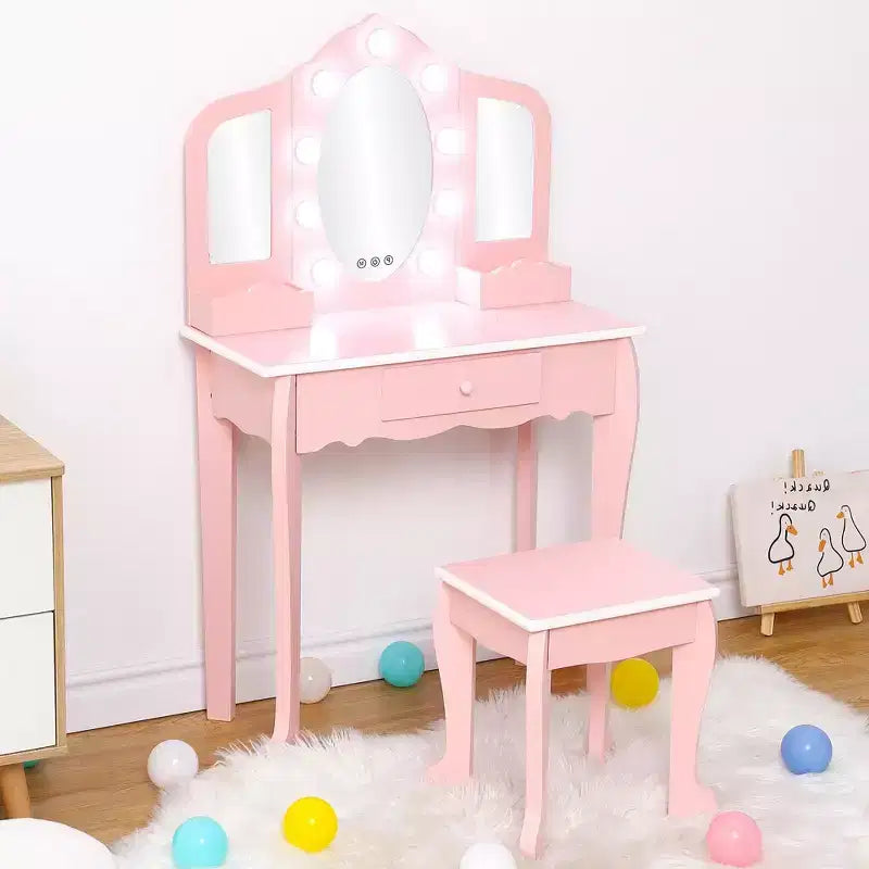 Kids Vanity with Lighted Mirror, Little Girls Vanity Table & Stool, Kids Makeup with Tri-Fold Mirror, Drawer & Storage Grid for 3-9 Yrs Girls