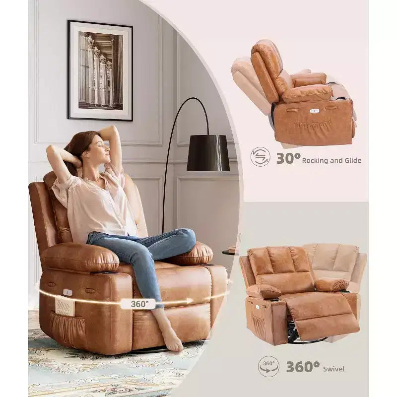 Poltrona Reclinabile Girevole a Dondolo in Similpelle per Adulti con Telecomando, Portabicchieri, Poltrona Relax per Soggiorno, Camera da Letto, Cameretta