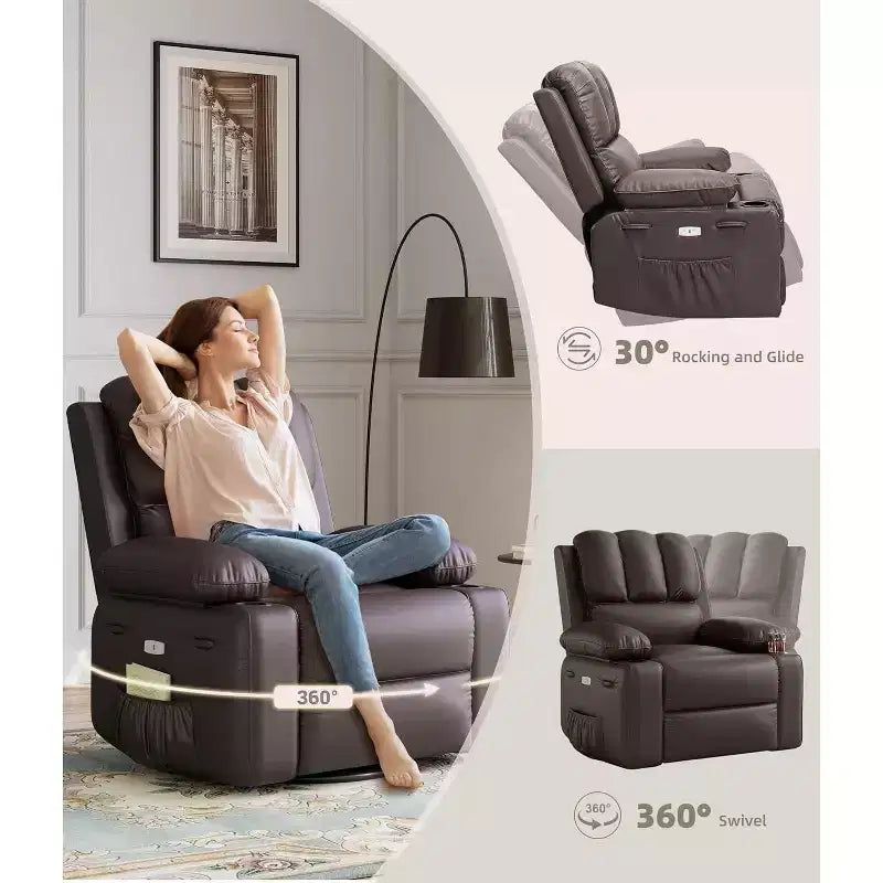 Poltrona Reclinabile Girevole a Dondolo in Similpelle per Adulti con Telecomando, Portabicchieri, Poltrona Relax per Soggiorno, Camera da Letto, Cameretta