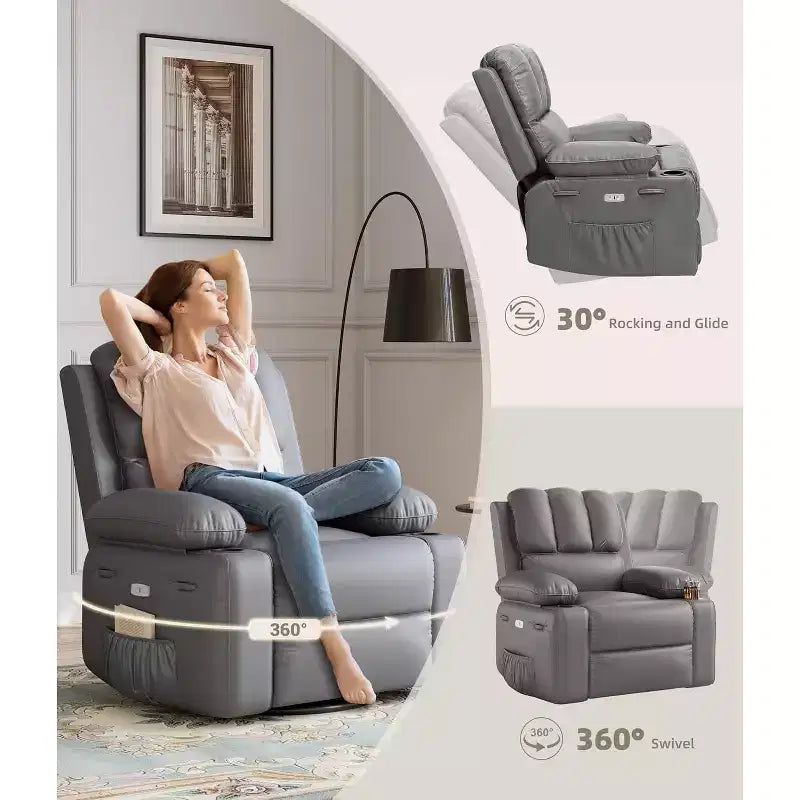 Poltrona Reclinabile Girevole a Dondolo in Similpelle per Adulti con Telecomando, Portabicchieri, Poltrona Relax per Soggiorno, Camera da Letto, Cameretta