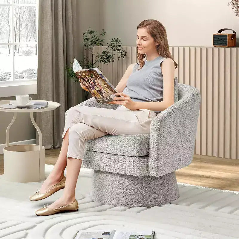 Poltrona girevole, poltrona girevole da lettura a 360° in ciniglia, moderna poltrona singola per salotto con vano portaoggetti per soggiorno e camera da letto
