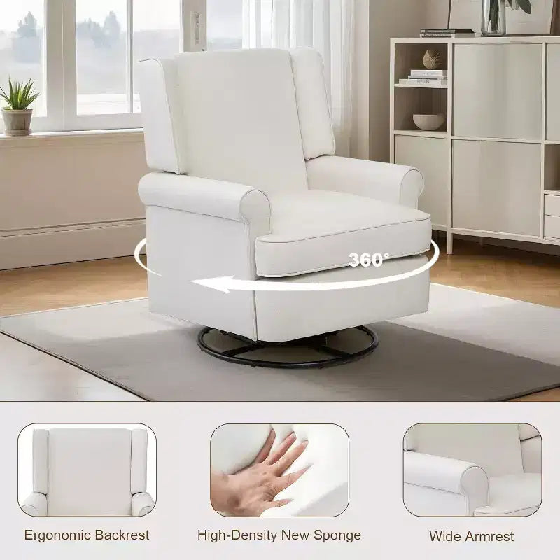 Poltrona reclinabile girevole Acekool, piccola reclinabile a dondolo con spugna ad alta densità, rivestimento in cotone lino, dondolo e girevole a 360°, bianco