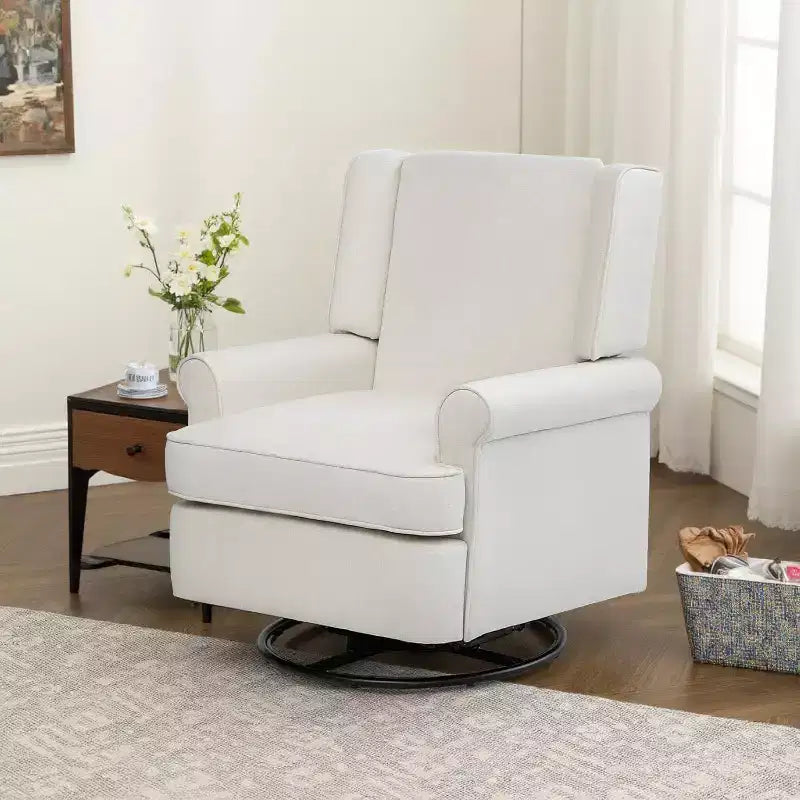 Poltrona reclinabile girevole Acekool, piccola reclinabile a dondolo con spugna ad alta densità, rivestimento in cotone lino, dondolo e girevole a 360°, bianco