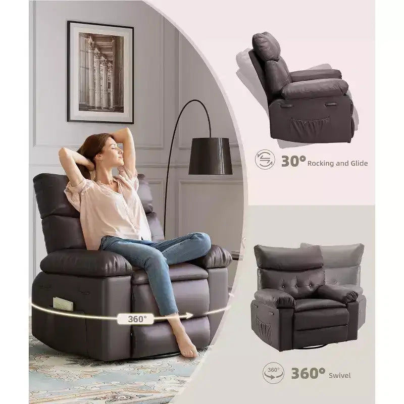Acekool Poltrona Reclinabile Girevole Sovradimensionata, Reclinabile Manuale in Ampia Pelle PU con Braccioli e Schienale Imbottiti, Girevole a 360° per Soggiorno, Camera da Letto, Marrone