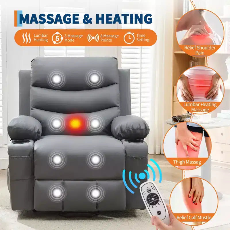 Poltrona Relax Elettrica per Anziani, con Massaggio e Calore, Divano Singolo da Soggiorno, Poltrone Reclinabili a 135 Gradi, 2 Portabicchieri e Tasche Laterali