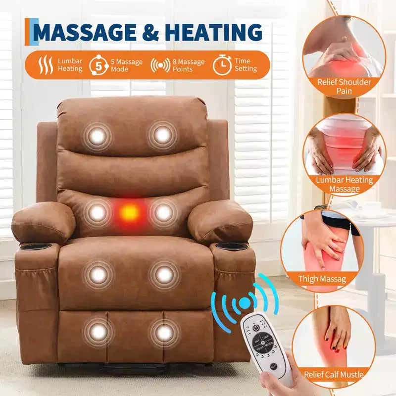 Poltrona Relax Elettrica per Anziani, con Massaggio e Calore, Divano Singolo da Soggiorno, Poltrone Reclinabili a 135 Gradi, 2 Portabicchieri e Tasche Laterali