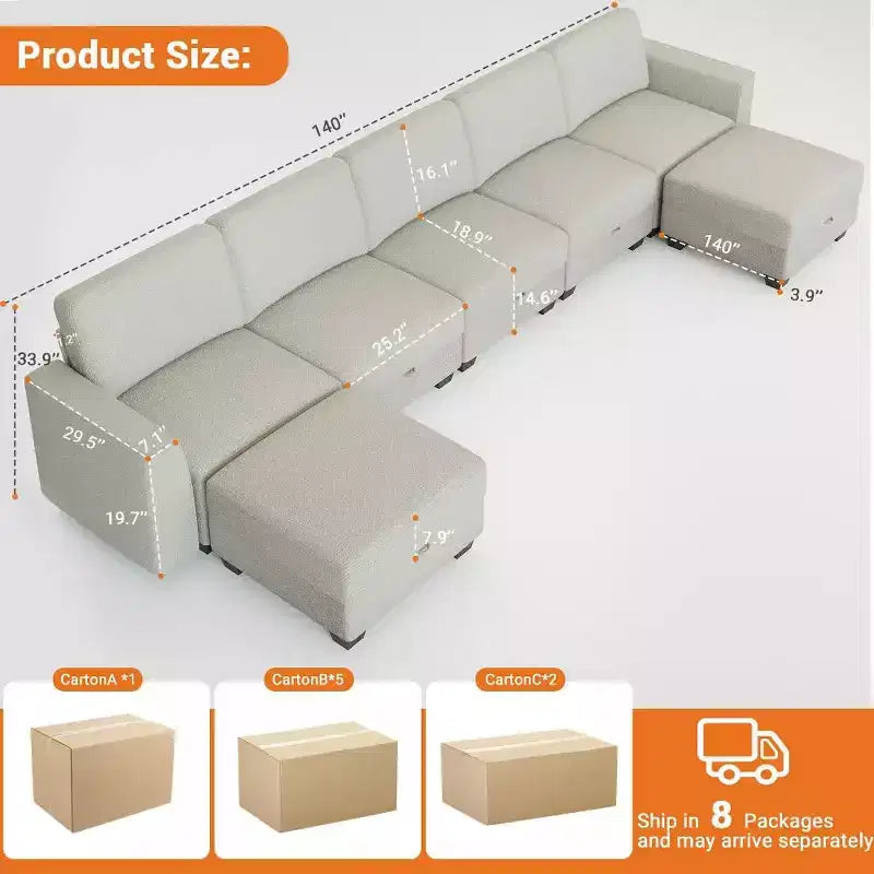 GustoWave 140 Divano Sezionale Modulare con Pouf Contenitori, Divano Letto Convertibile a U, Divano a L Moderno in Velluto a Coste a 7 Posti