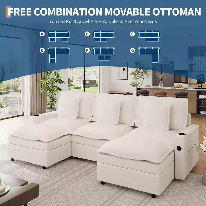 Divano Sezionale Modulare da 108'', Divano a U Sovradimensionato, Divano Moderno in Ciniglia con Seduta Extra Profonda, Divani Convertibili a 6 Posti, Beige
