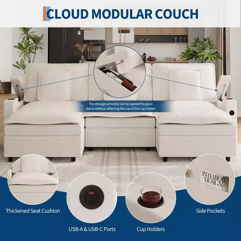 Divano Sezionale Modulare da 108'', Divano a U Sovradimensionato, Divano Moderno in Ciniglia con Seduta Extra Profonda, Divani Convertibili a 6 Posti, Beige